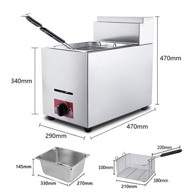 Friteuse à gaz LPG en acier inoxydable de 6 litres pour cuisine d'hôtel 1 réservoir 1 panier 340x630x610