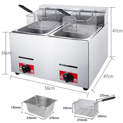 Friteuse à gaz LPG en acier inoxydable de 6 litres pour cuisine d'hôtel 1 réservoir 1 panier 340x630x610