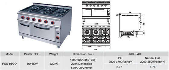 Commercial 6 brûleurs Cuisinière à gaz 220KG Capacité et tension V LPG2800PA
