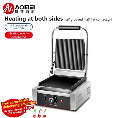 Grill électrique puissant avec une surface en fonte épaisse, au sommet en rainures et au fond plat